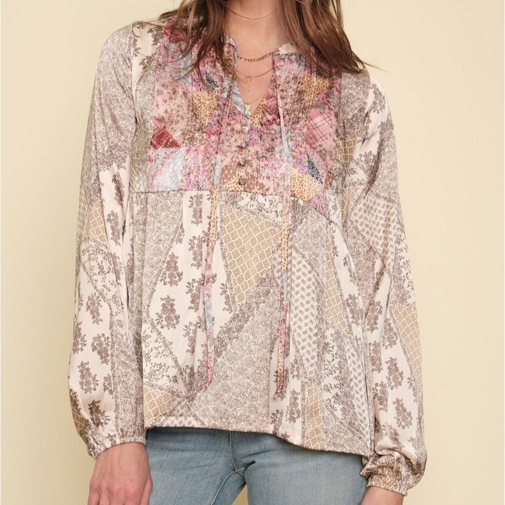 Mystree Mixed Print Patchwork Boho Blouse Top Women L Salmon Berry Quilt‎